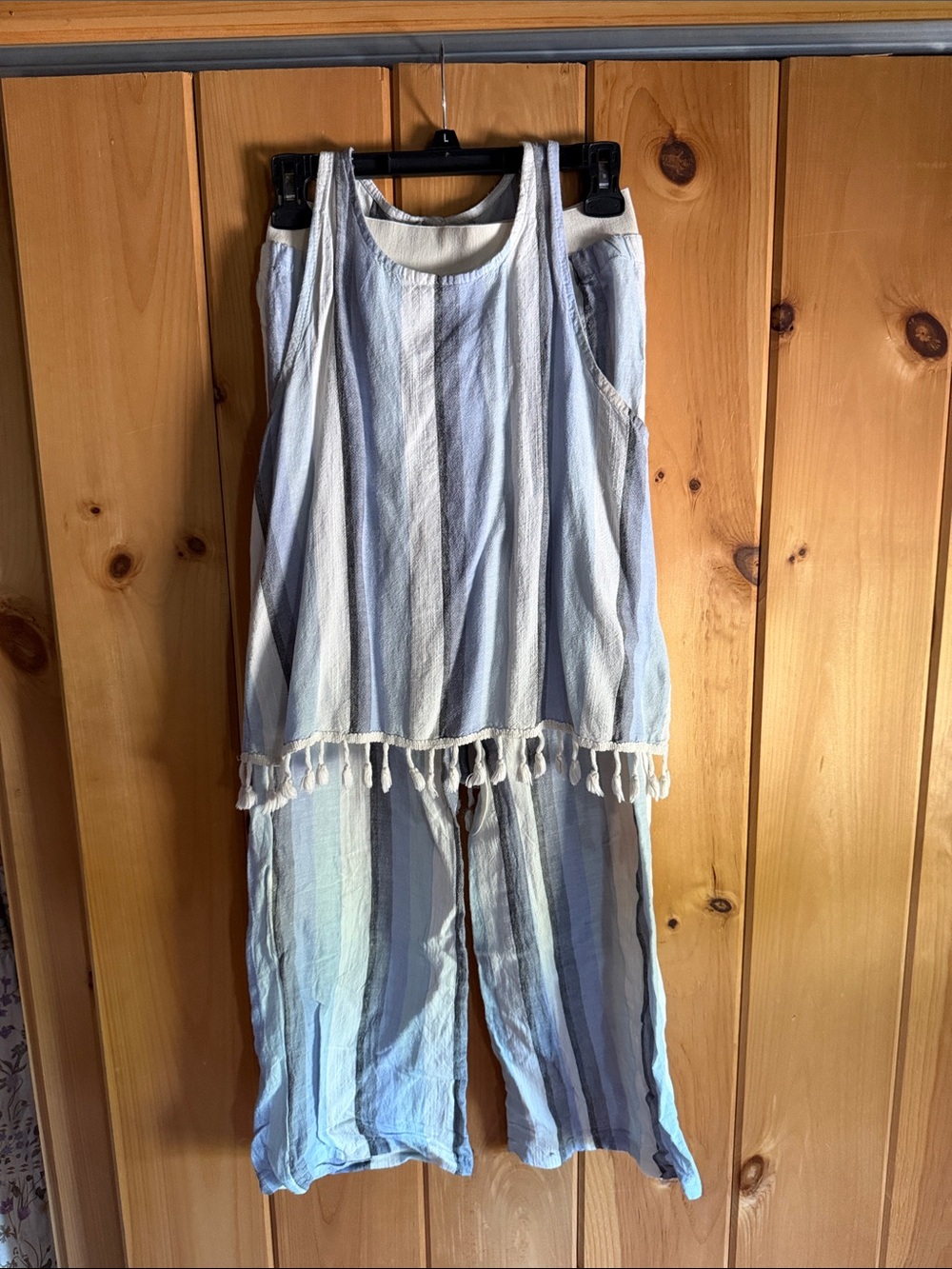 Light Blue Striped Cotton Tassel Matching Set